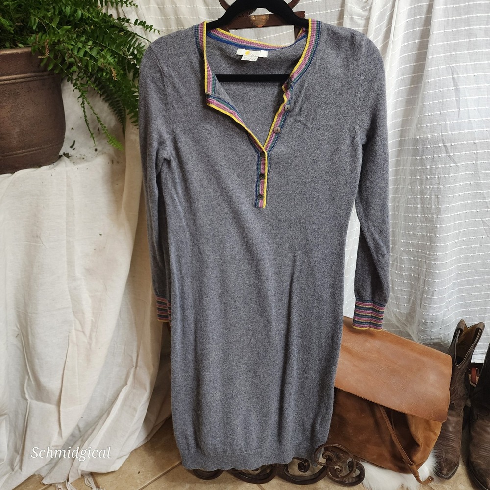 Boden Gray Rainbow Stripe Henley Sweater Dress Wool Cashmere Blend Womens 4